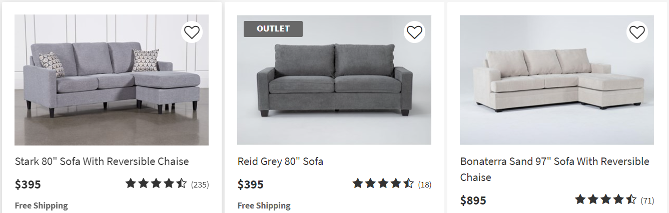 Living Spaces catalog showing chunky furniture with cheap feet